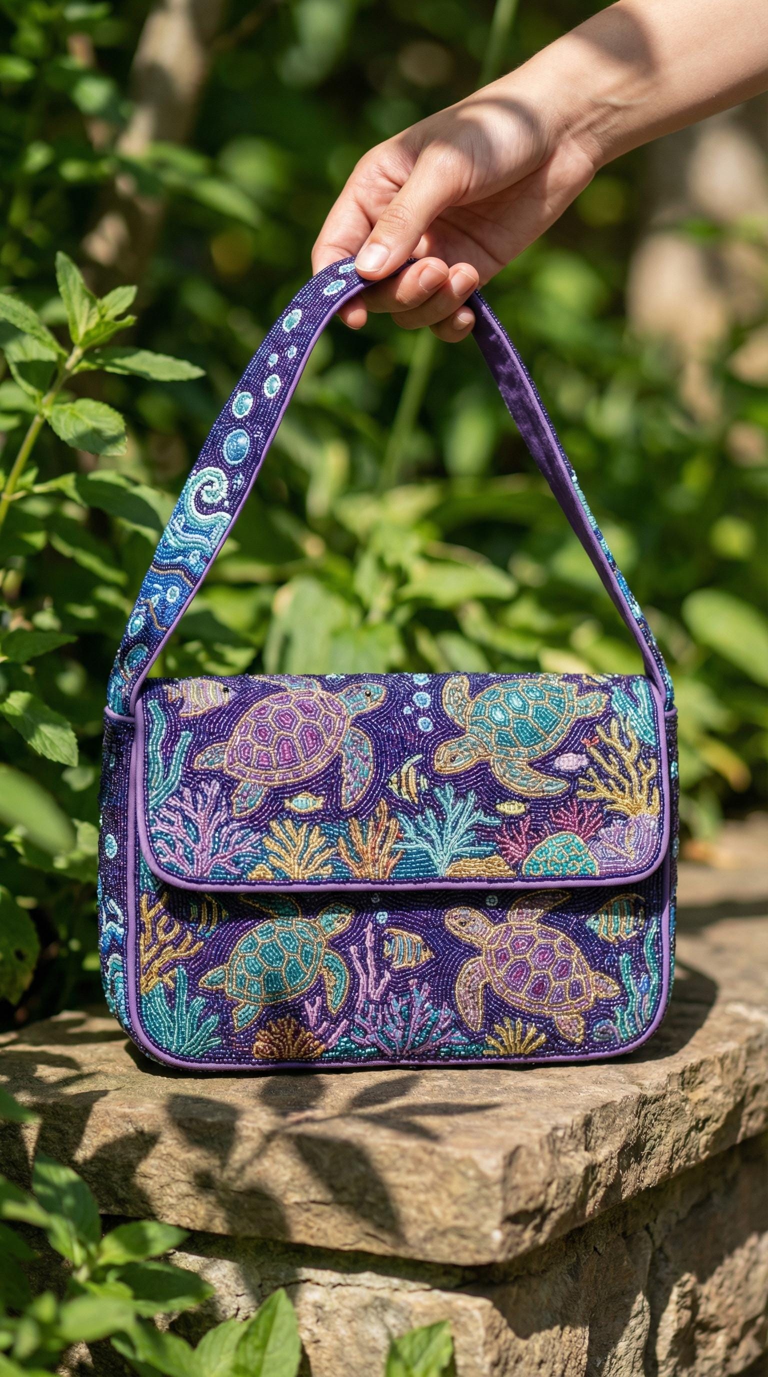 Purple and Turquoise Sea Turtle Beaded Handbag - Coastal Under the