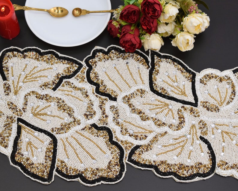 Handmade Table Runner Beaded Table Runner Cream Gold - Etsy