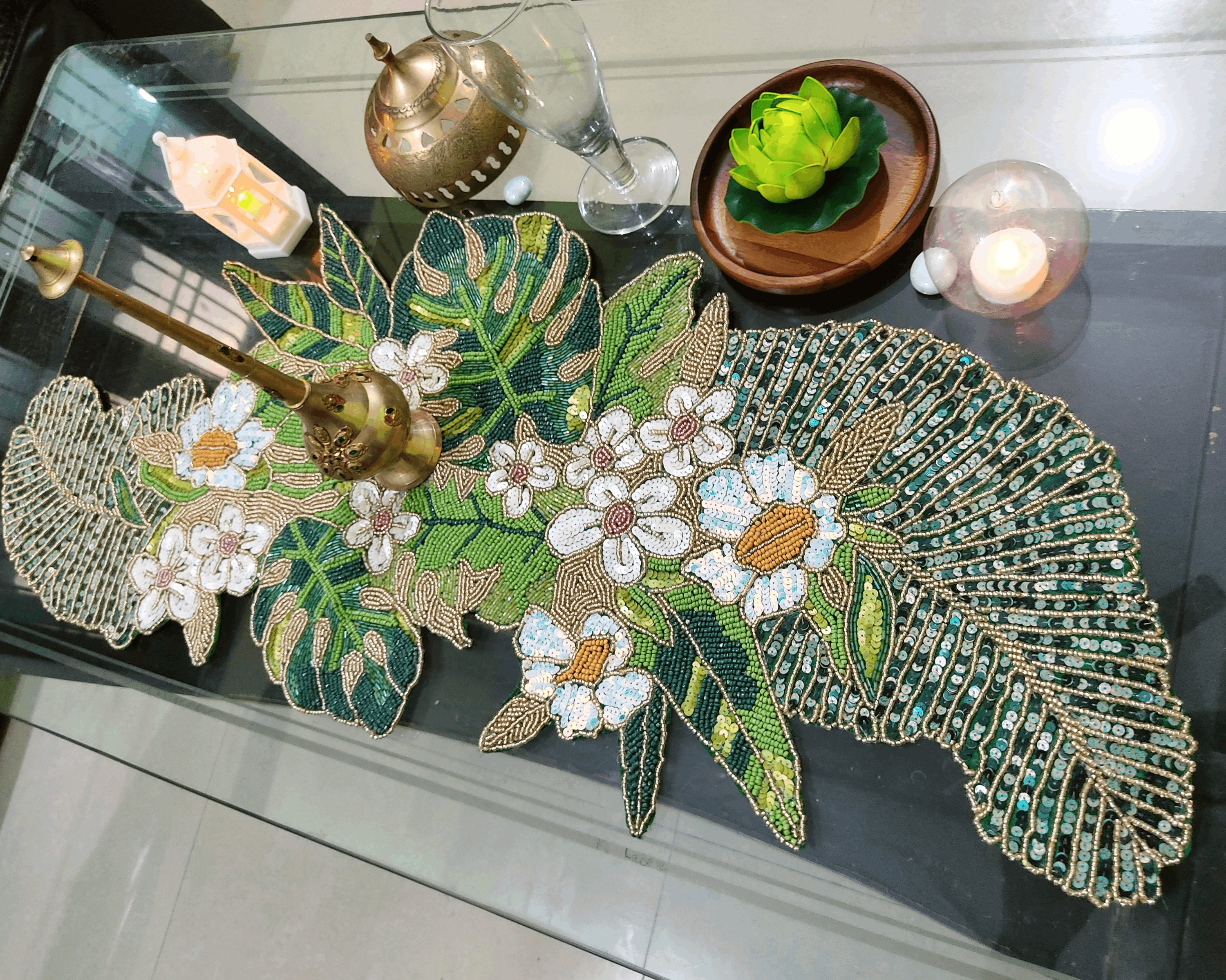 Handmade Table Runner, Flower and Leaf Spring Beaded Table Runner