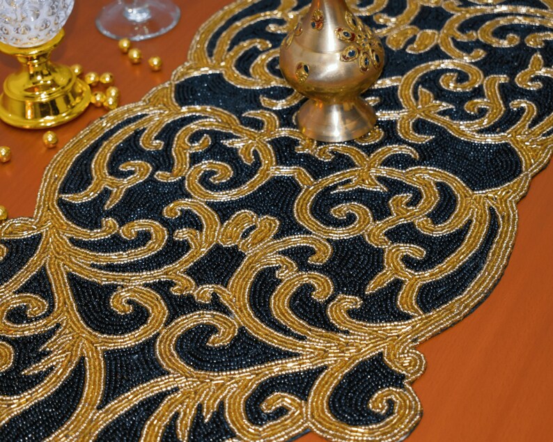 Black Gold Handmade Table Runner Gold and Black Hand Beaded - Etsy