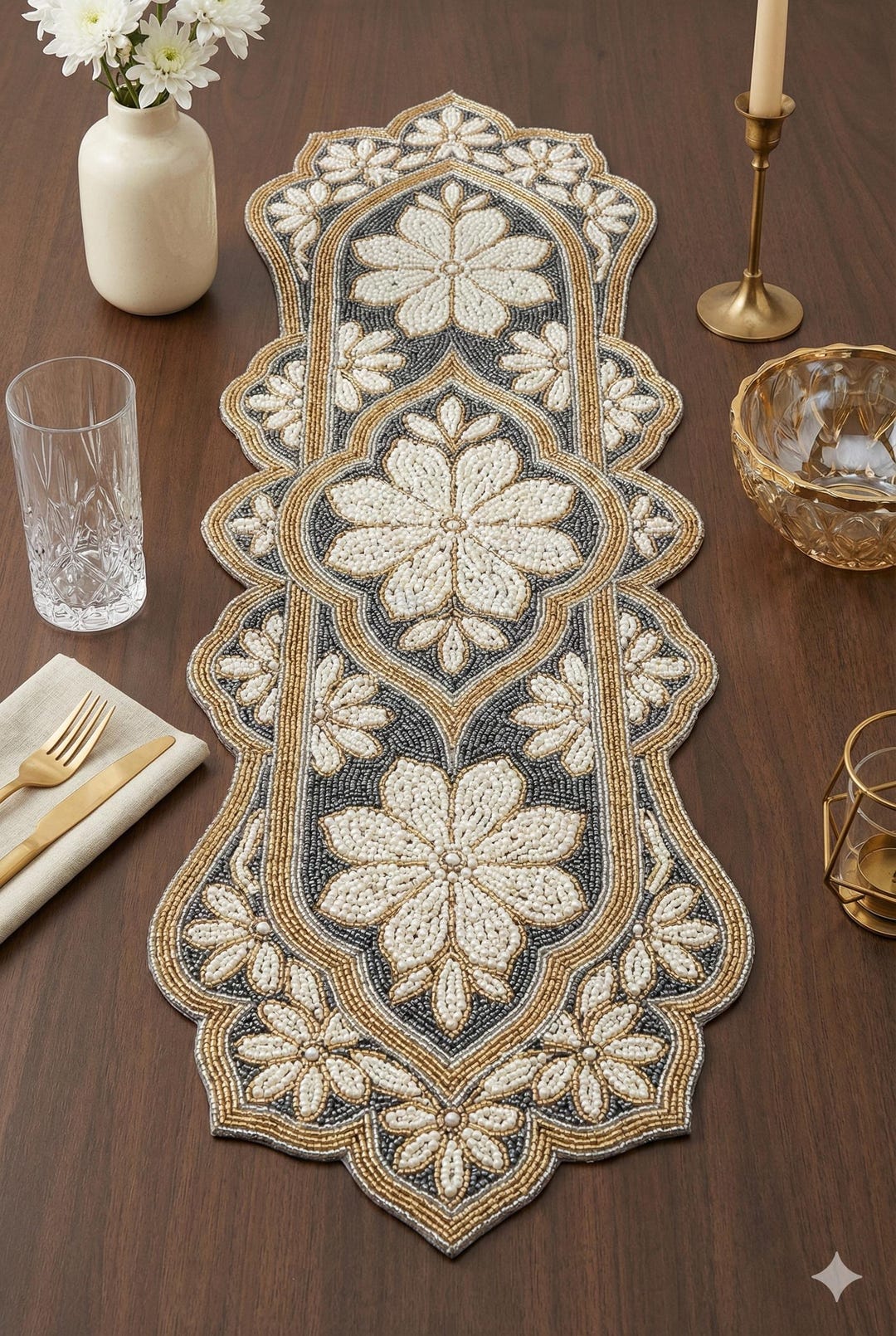 ALL SIZES Hand-beaded Gold and Ivory Floral Table Runner - Scalloped ...