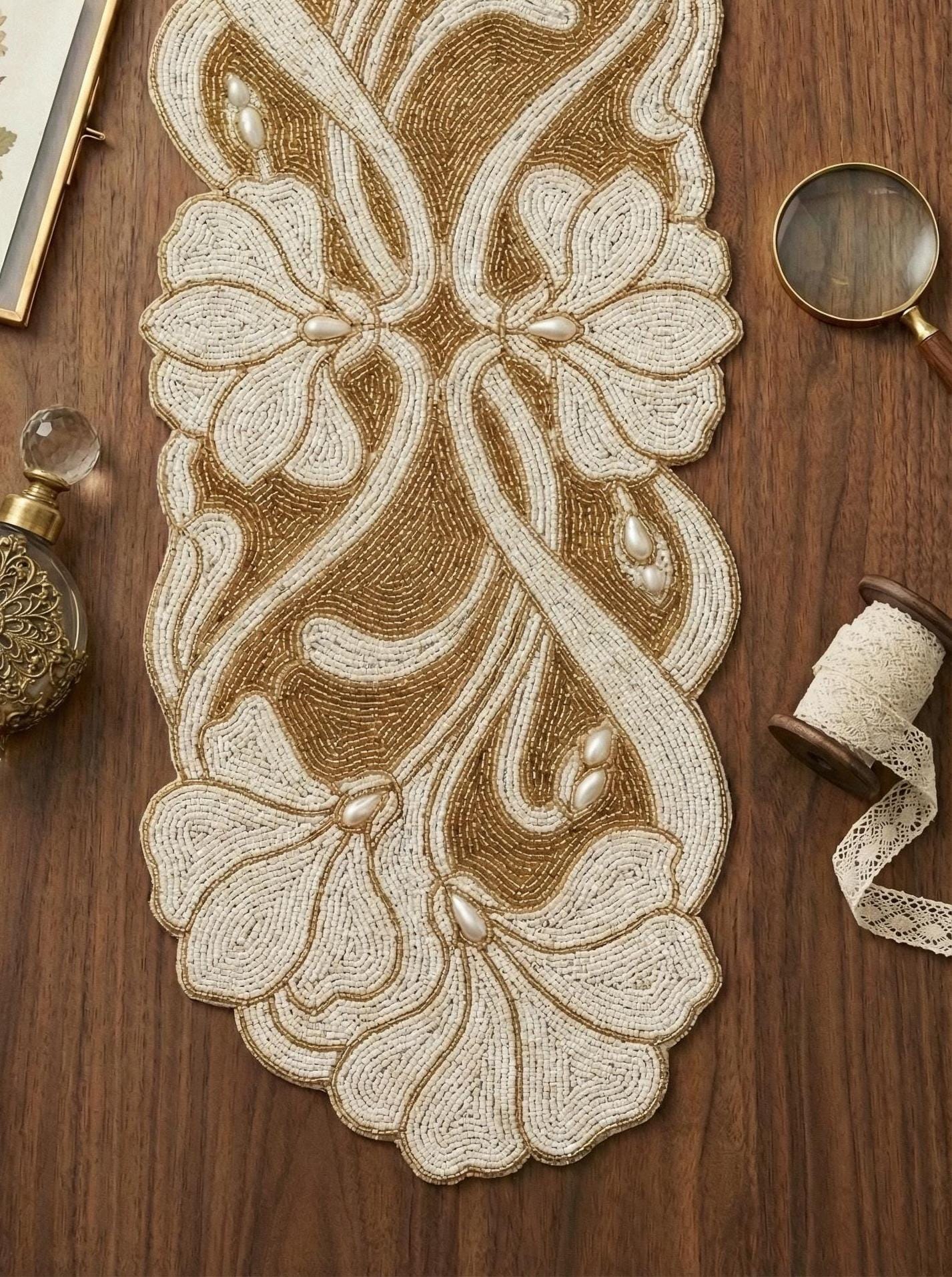 ALL SIZES Art Nouveau Floral Beaded Table Runner - Gold and Cream ...