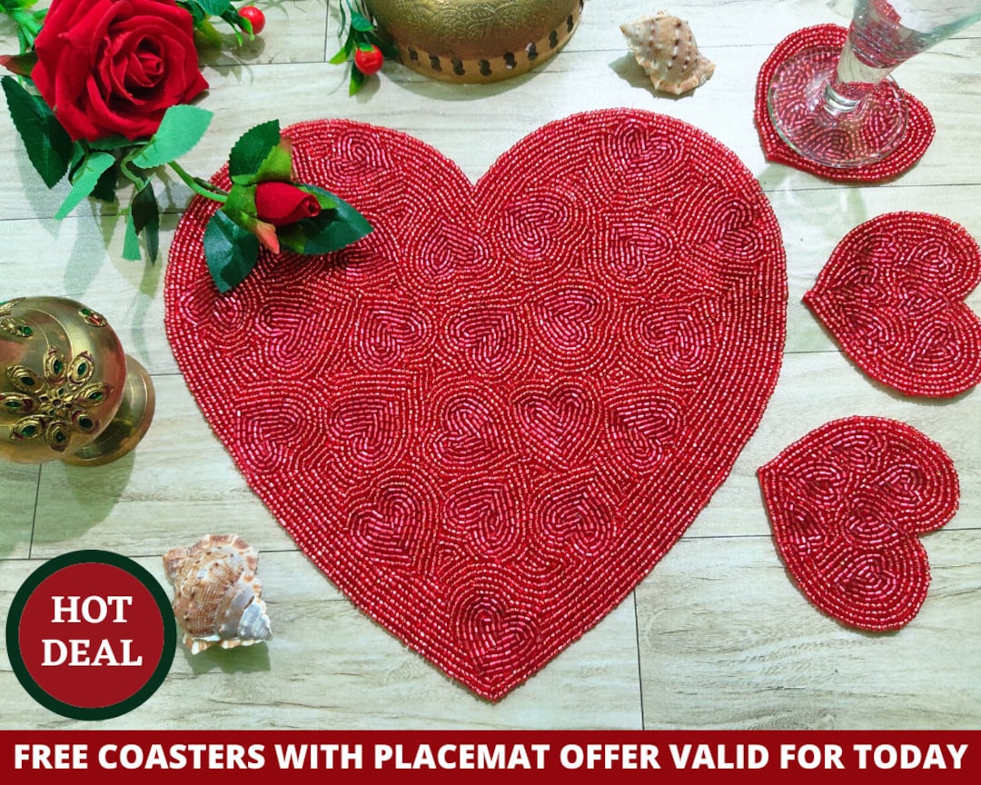Red Beaded Placemat, Heart Beaded Tablemat, 14 Inch, Beaded Charger Placemats, Gift for Her