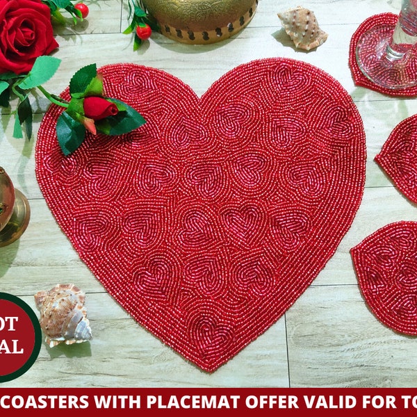 Red beaded placemat, heart beaded tablemat, 14 inch, beaded charger placemats, gift for her, embroidered placemat by zarimoon