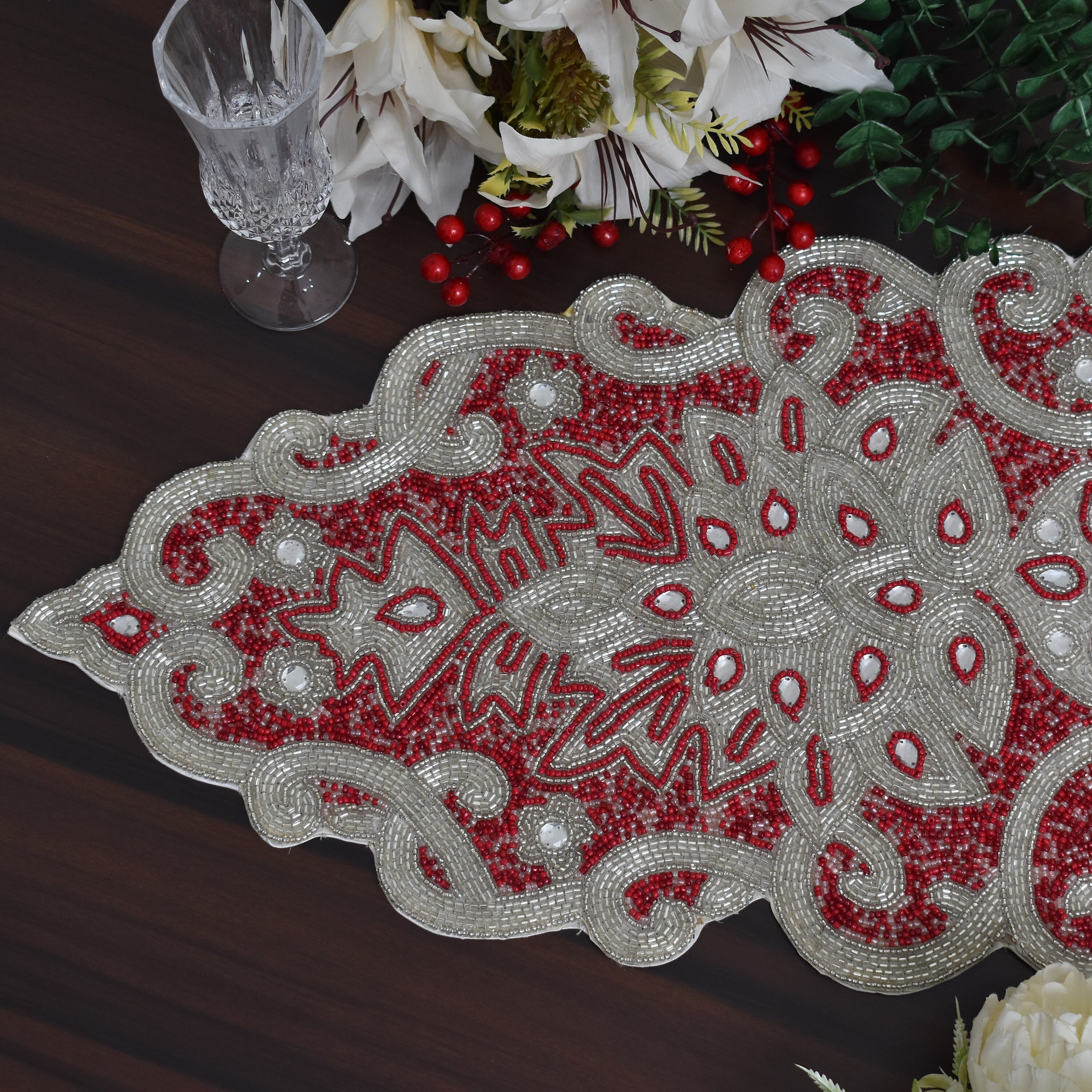 Handmade Table Runner, Beaded Table Runner, Christmas Red Silver Runner ...