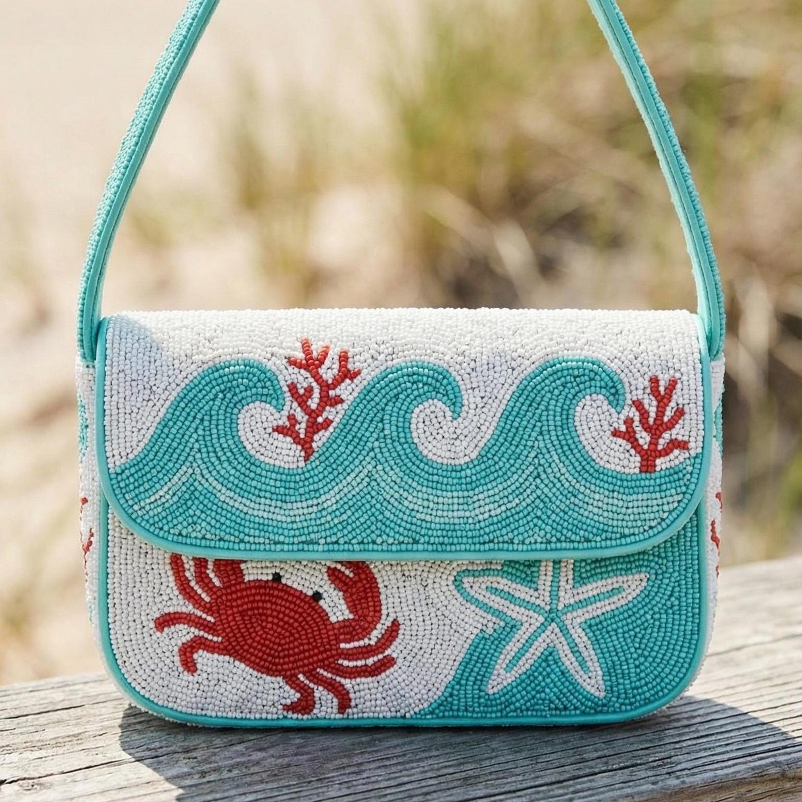 Signare Bag Shells Ocean Blue & Coral Red Hand-beaded Sea Life Crossbody Bag - Crab, Wave ...