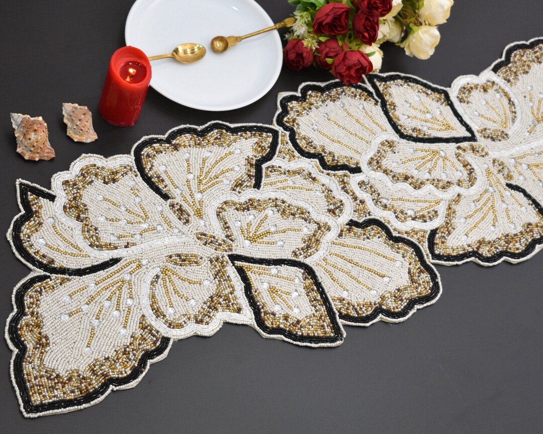 ALL SIZES Handmade Table Runner, Beaded Table Runner, Cream Gold ...