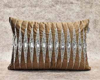 ALL SIZES Brown Gold Silver Beaded Throw Pillow Cover Velvet Luxury Contemporary Modern Pillow Hand Embroidered Embellished Custom Accent
