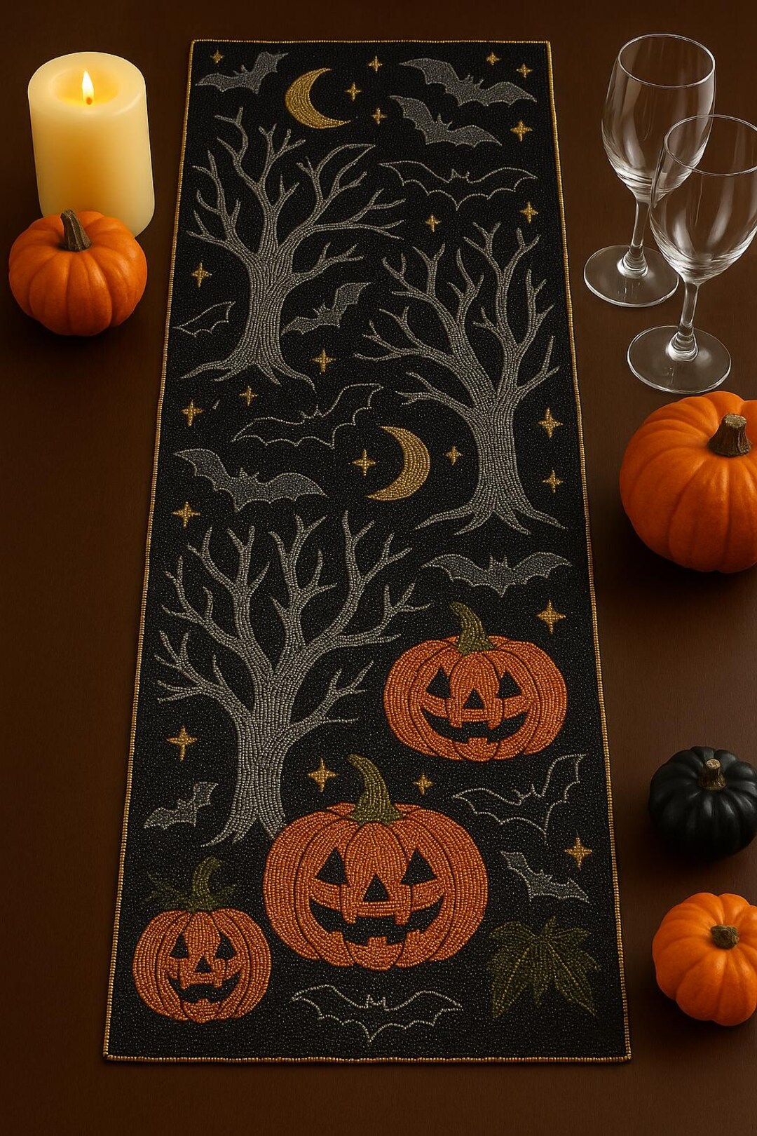 ALL SIZES Halloween Beaded Table Runner 13x36 | Pumpkin Bat Handmade ...