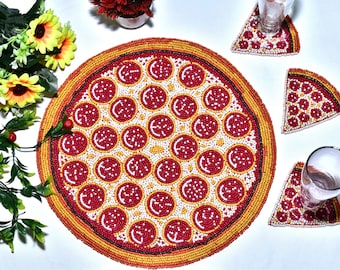 Pizza shape beaded placemat, beaded tablemat, handmade  decorate , beaded charger placemats, gift for her, embroidered placemat by zarimoon