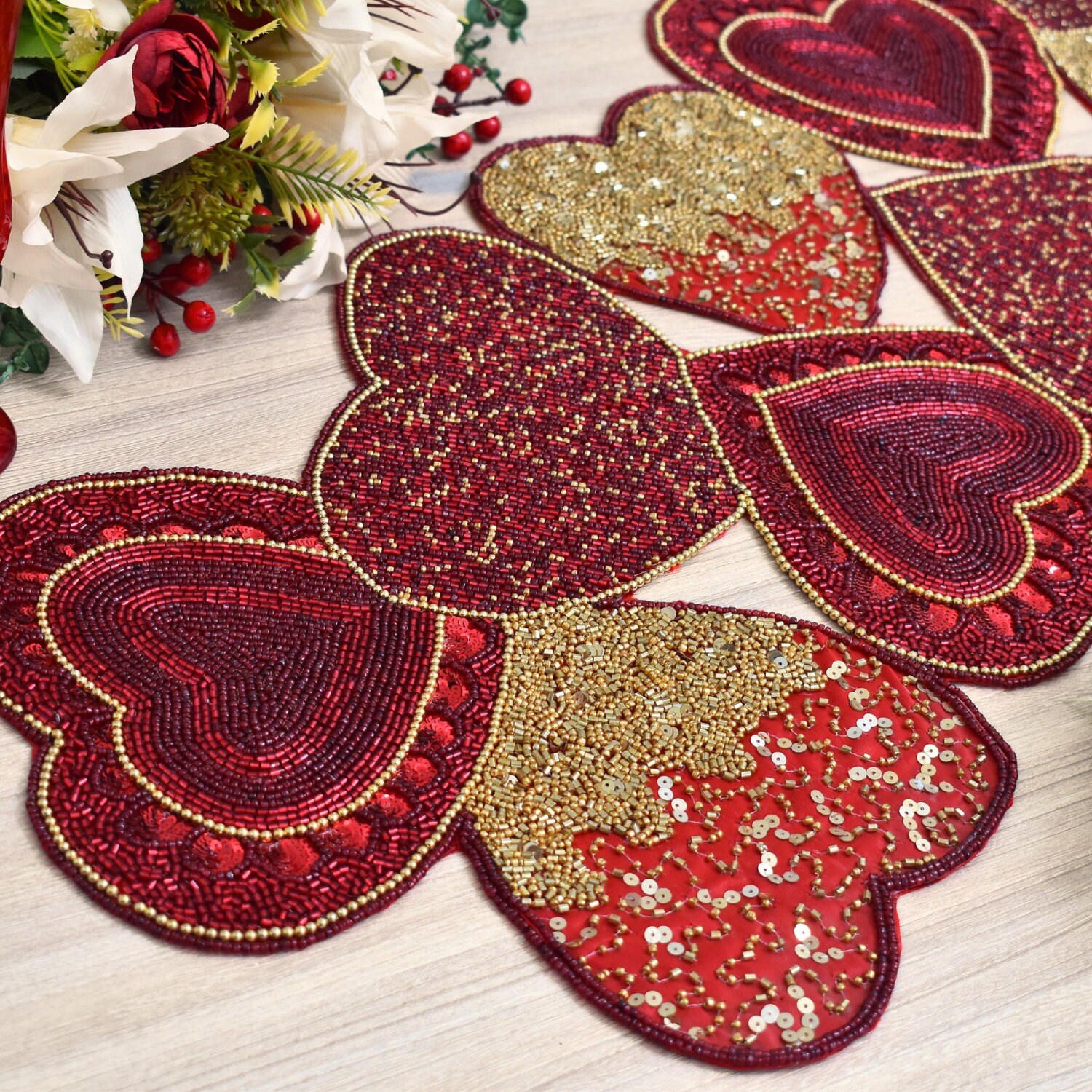 Valentine Handmade Beaded Table Runner, Heart Table Runner, Red Gold ...