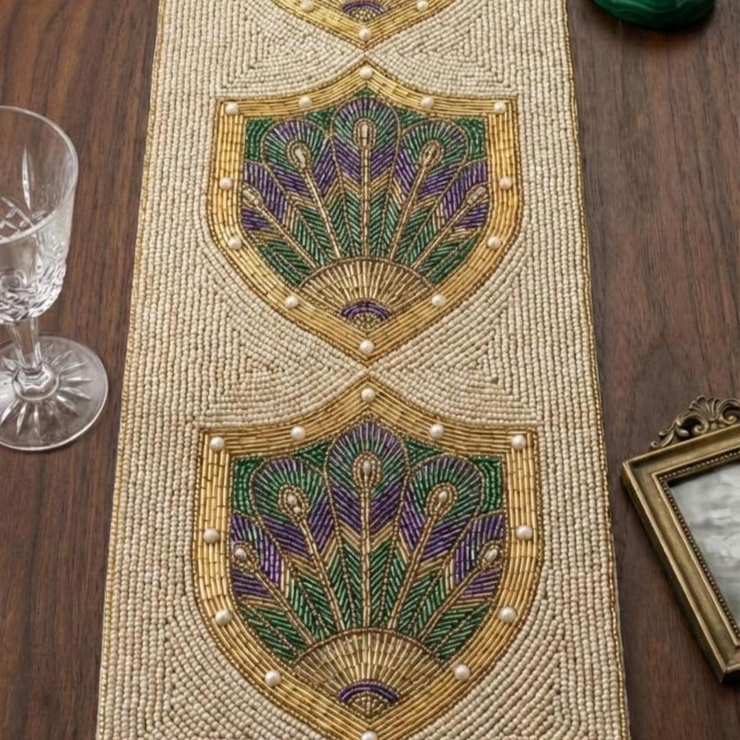 ALL SIZES Art Deco Peacock Beaded Table Runner - Gold, Purple & Green ...