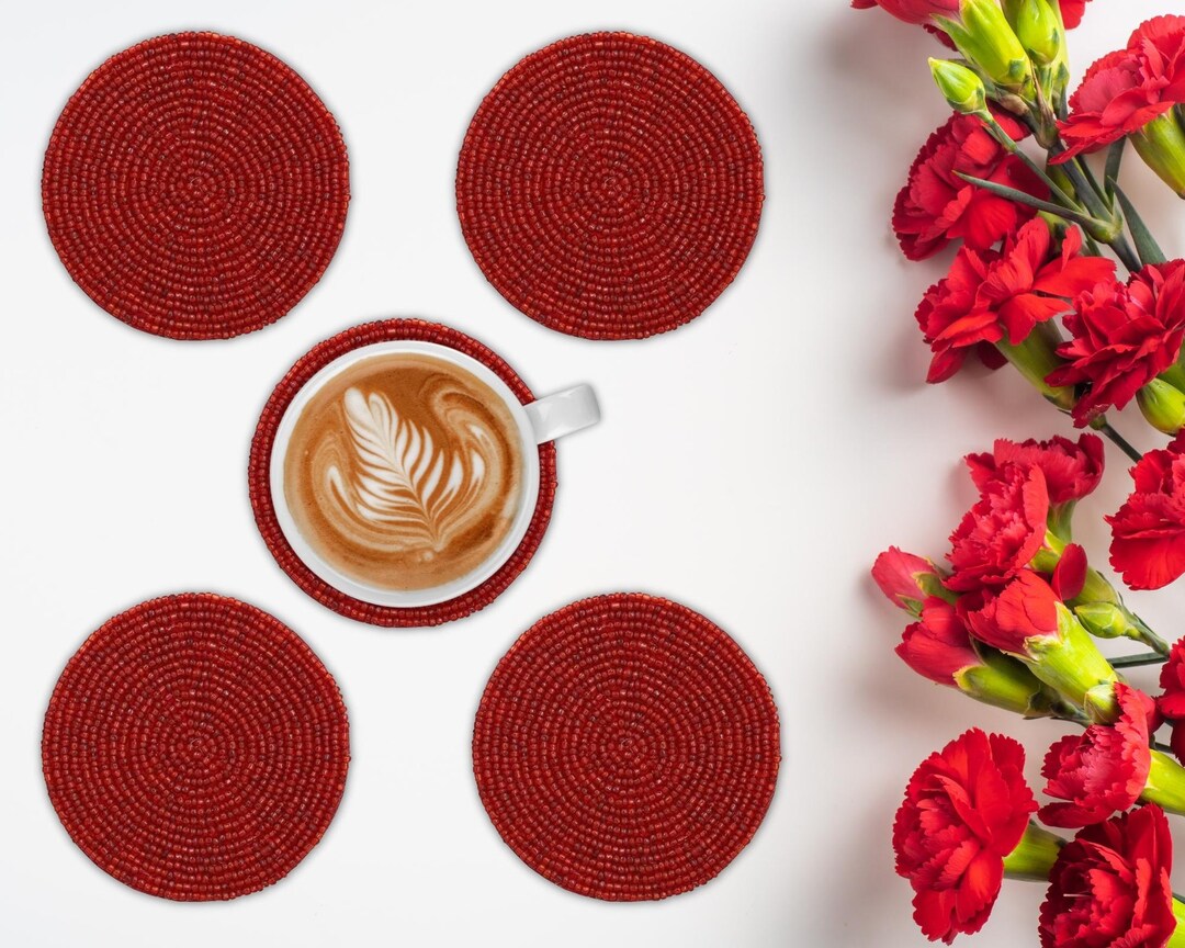 Set of 6/9/12 Beaded Coasters, Red Drink Coasters, Beaded Rounded Coasters, Gift for Her