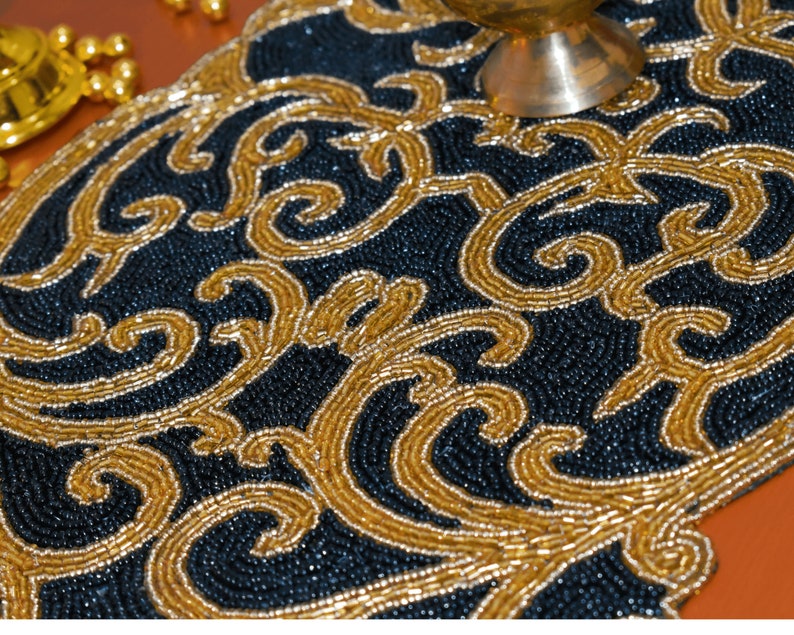 Black Gold Handmade Table Runner, Gold and Black, Hand Beaded Runner ...
