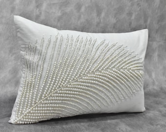 White Silver Tropical Throw Pillow Cover Luxury Pearl Beaded Handmade Contemporary Modern Pillow Cover Hand Embroidered Embellished Gift