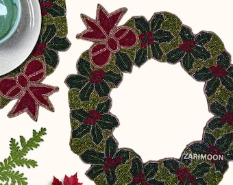 Christmas bead placemat, leaf red handmade beaded placemat, table topper, leaf, centerpiece, mothers day gift for her, charger plate