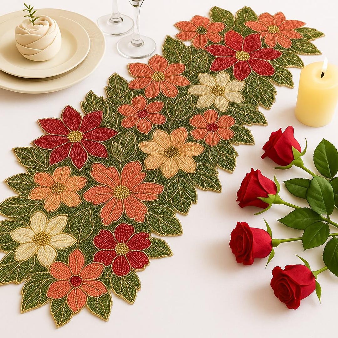Handmadefloral Beaded Table Runner 13x36 | Handmade Red and Peach ...