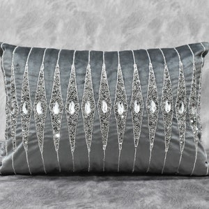 ALL SIZES Grey Silver Beaded Throw Pillow Cover Velvet Luxury Contemporary Modern Toss Pillow Hand Embroidered Embellished Custom Accent