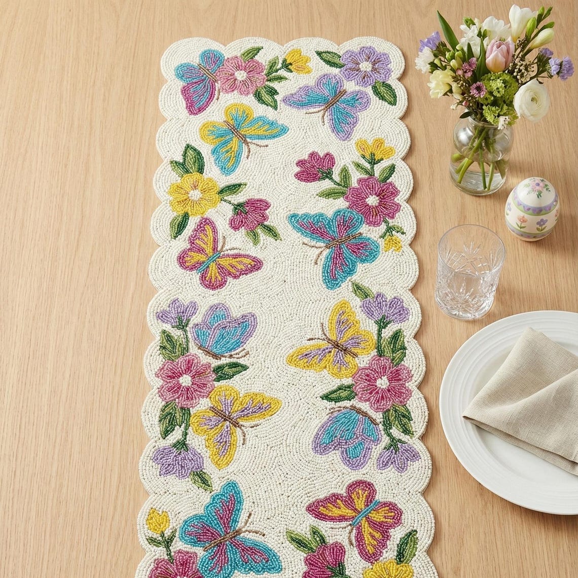 ALL SIZES Colorful Butterfly & Floral Beaded Table Runner - Handcrafted ...