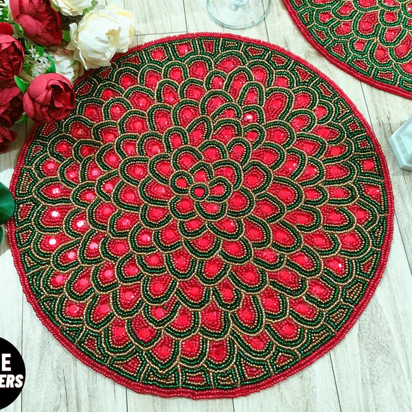 Handmade beaded placemat, tablemat, 14 inch, red green gold charger placemats zarimoon decorative placemat