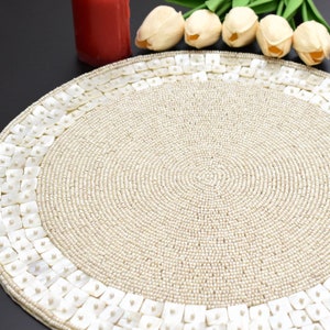 handmade beaded placemat beaded charger pearl white table mat round embroidered mat gift for her decorative placemat Gift