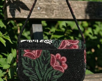 Gothic Floral Beaded Shoulder Bag - Black, Red, and Silver Art