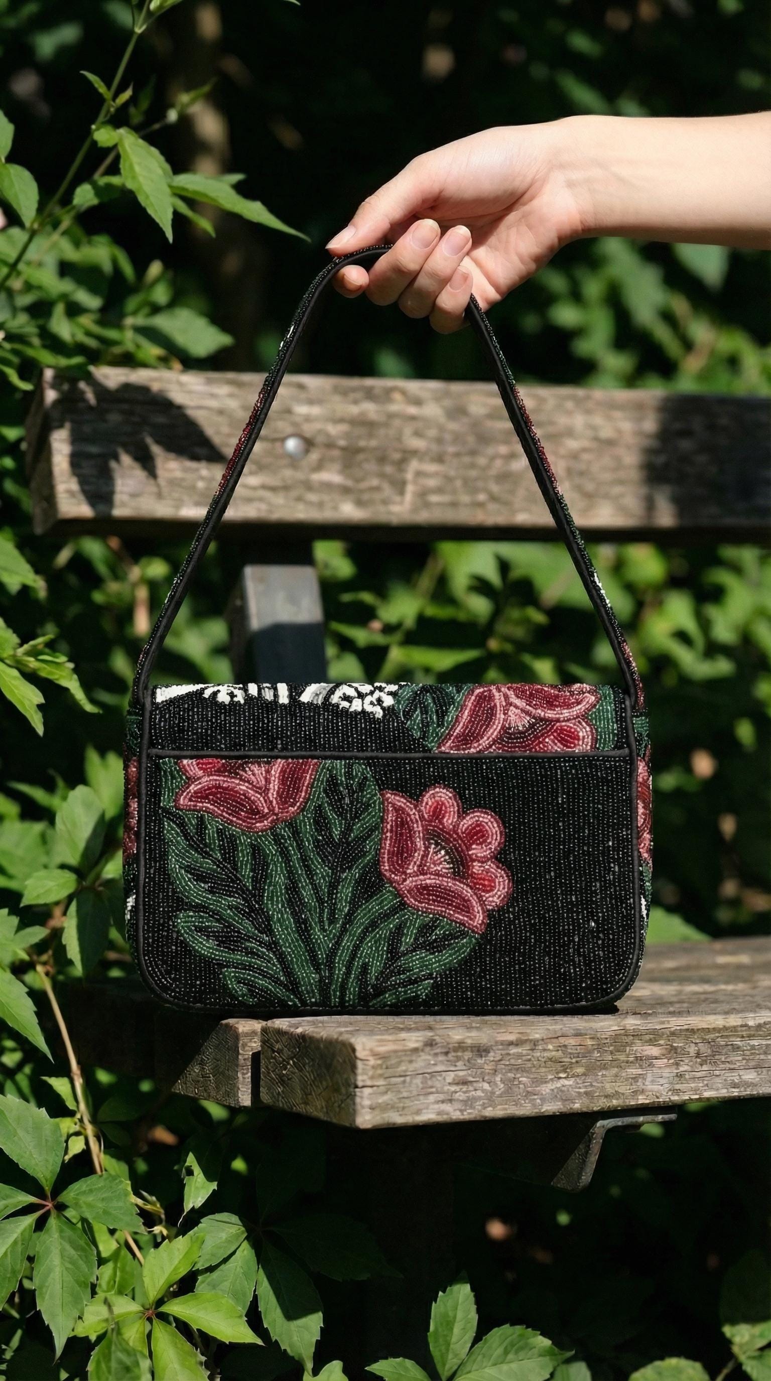 Gothic Floral Beaded Shoulder Bag - Black, Red, and Silver Art
