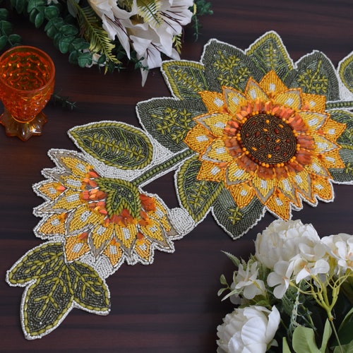 ALL SIZES Handmade Beaded Table Runner: Floral Luxury Decor (13x36
