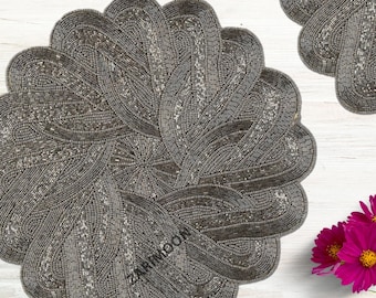 handmade beaded placemat, beaded charger, beaded table mat, grey centrepiece, gift for her, embroidered Gift