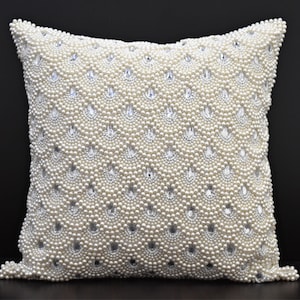 White Pearl Beaded Pillow Cover Luxury Contemporary Beaded Pillow Cover Hand Embroidered Embellished toss Custom Accent Personalised Gift image 1