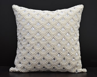 White Pearl Beaded Pillow Cover Luxury Contemporary Beaded Pillow Cover Hand Embroidered Embellished toss Custom Accent Personalised