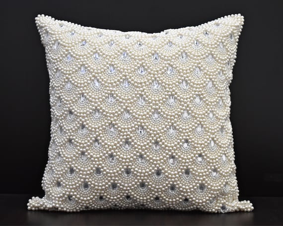 White Pearl Beaded Pillow Cover Luxury Contemporary Beaded Pillow Cover Hand Embroidered Embellished toss Custom Accent Personalised Gift