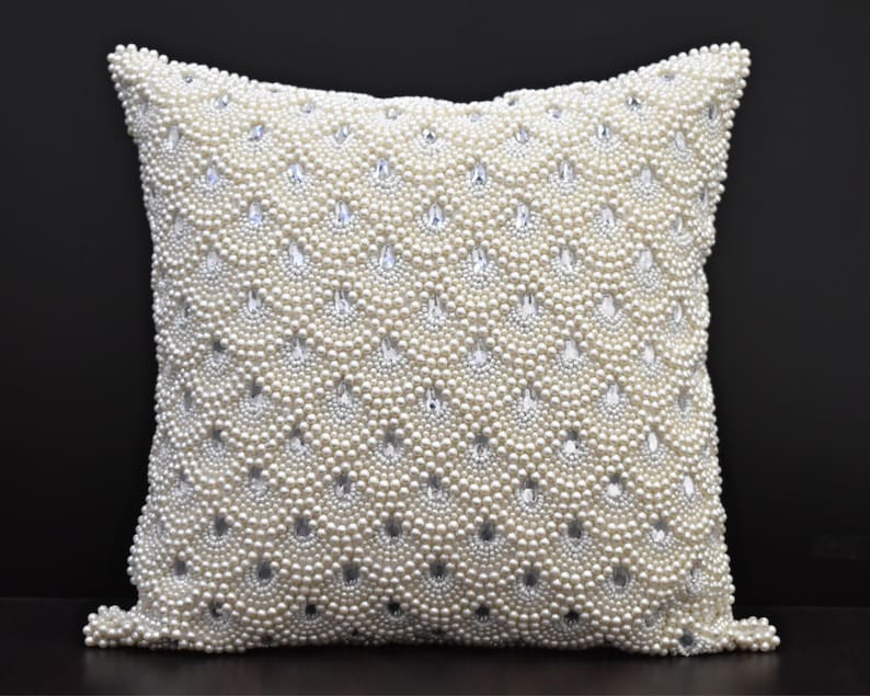White Pearl Beaded Pillow Cover Luxury Contemporary Beaded Pillow Cover Hand Embroidered Embellished toss Custom Accent Personalised Gift image 1
