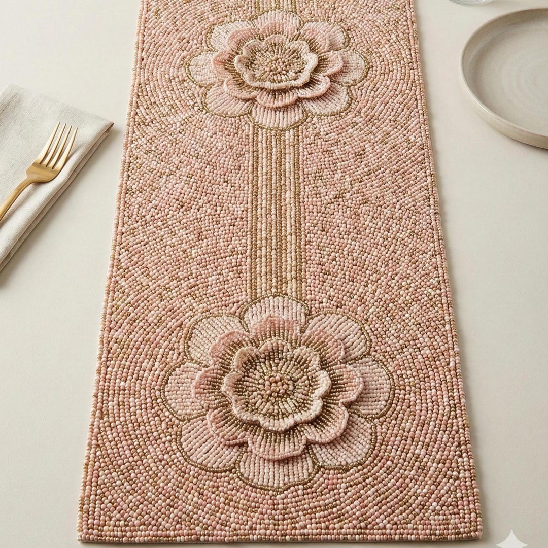 ALL SIZES Handmade Pink Floral Beaded Table Runner - Elegant Flower ...