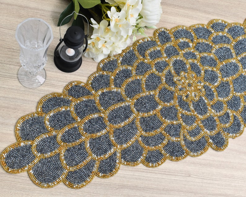 Handmade Table Runner, Beaded Table Runner, Grey Black Gold Runner ...
