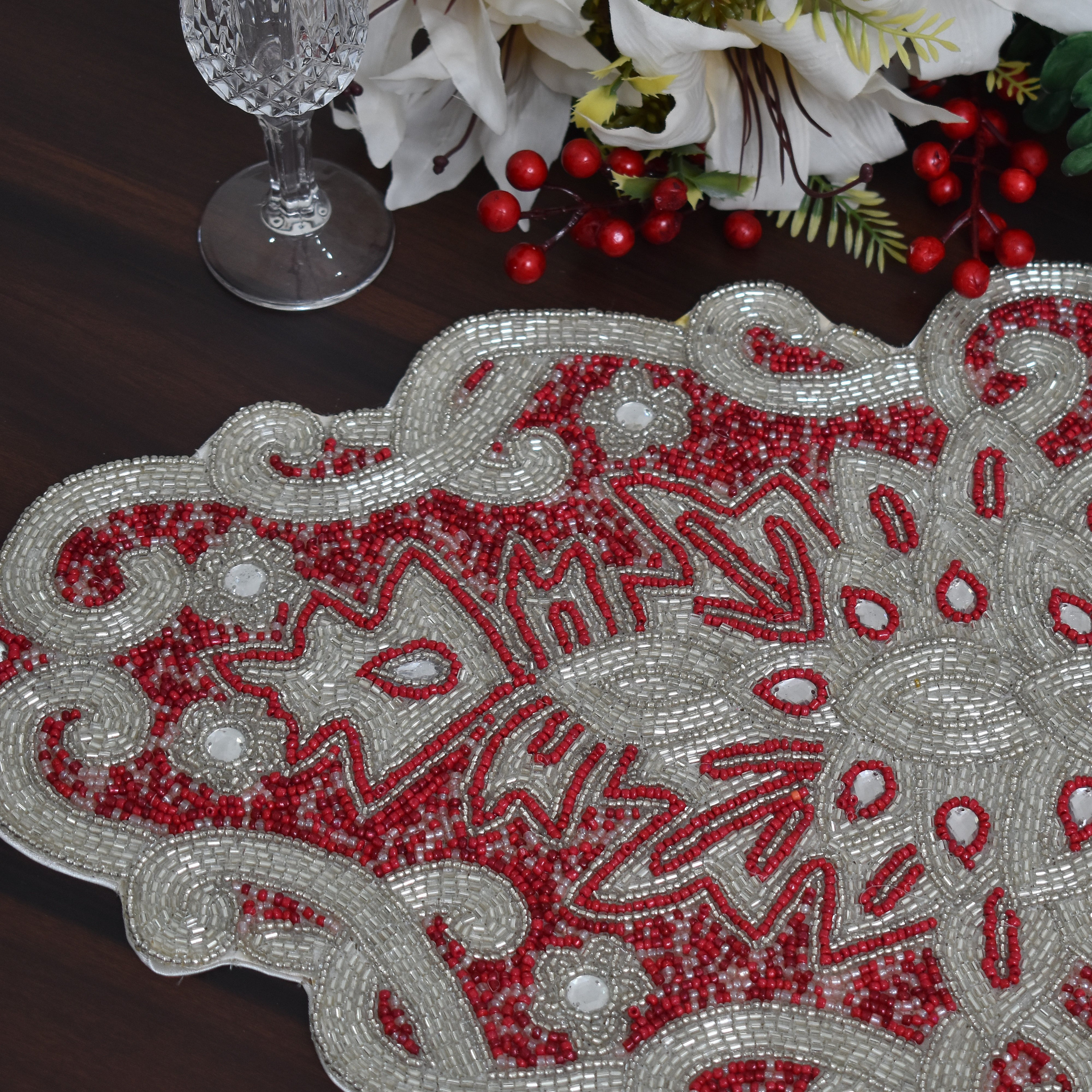 Handmade Table Runner, Beaded Table Runner, Christmas Red Silver Runner ...