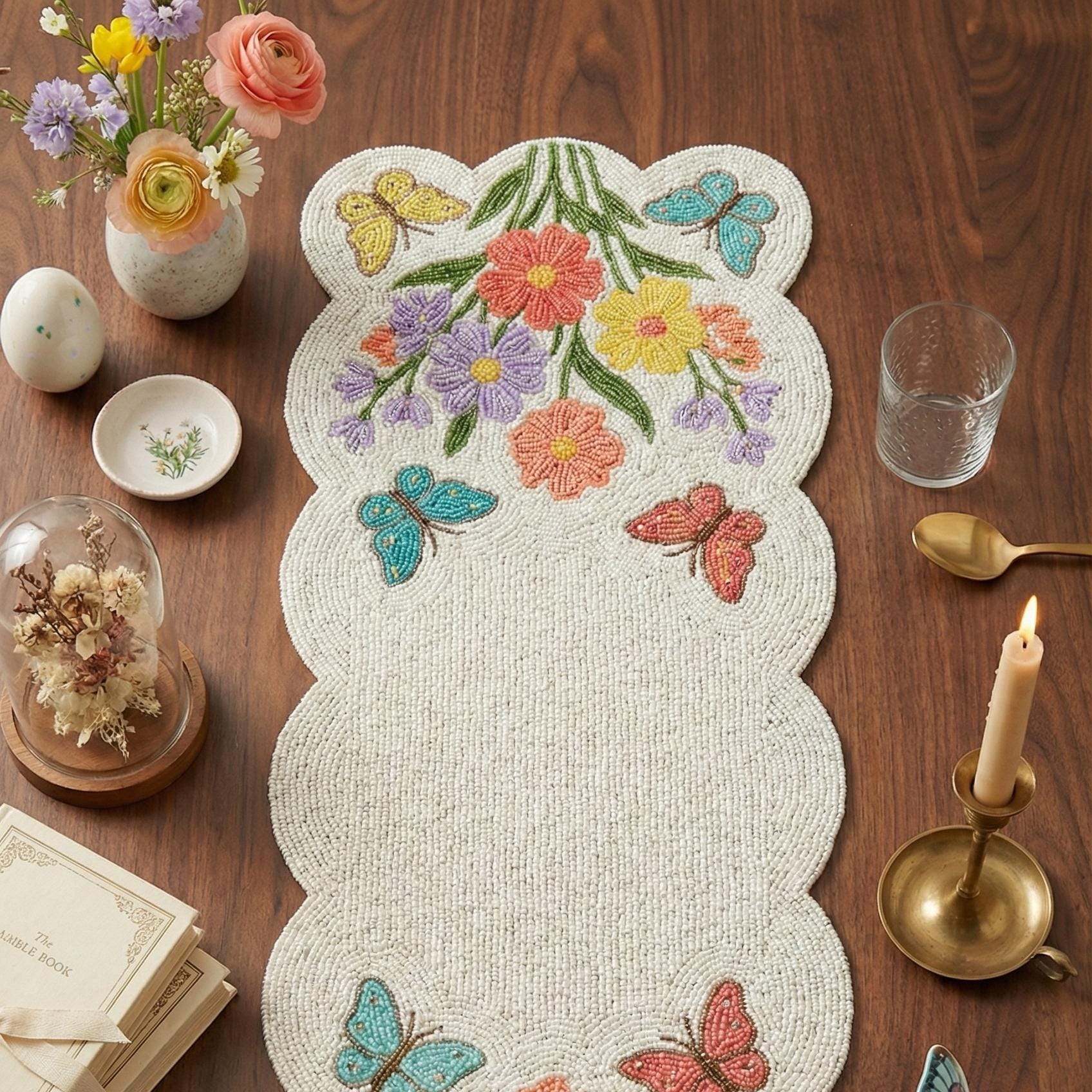 ALL SIZES Colorful Butterfly & Floral Beaded Table Runner - Handcrafted ...