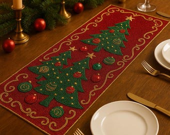 Christmas Tree Beaded Table Runner 13x36 | Handmade Holiday Centerpiece | Red and Green Beaded Christmas Table Decor | Festive Table Runner