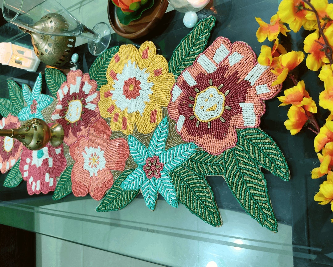 Handmade Beaded Table Runner Floral Spring Beaded Table Etsy