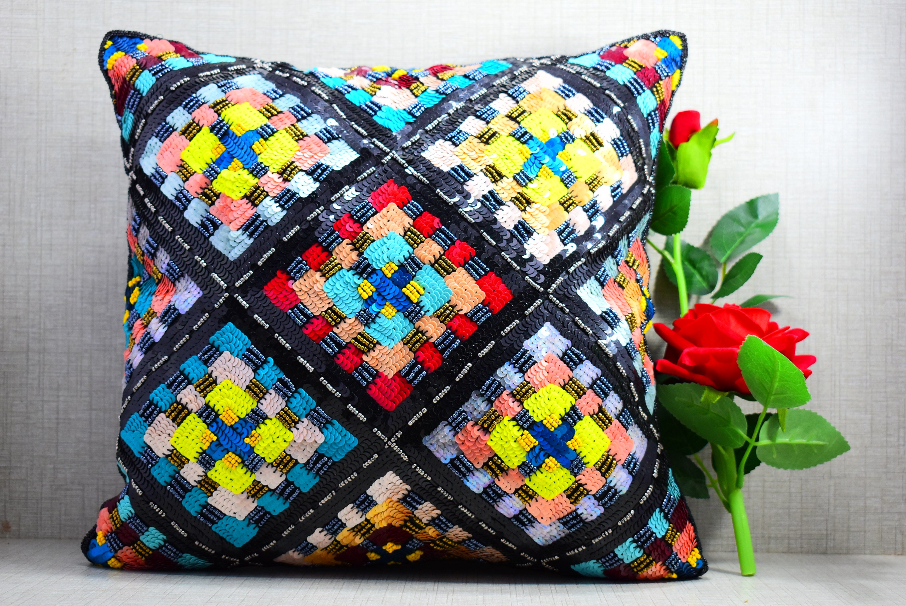 Multi Color Beaded Throw Pillow Cover Luxury Contemporary Modern Toss Silk Embroidered Embellished C