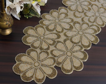 handmade bead table runner, floral gold table mat, hand beaded runner, 13x36inch runner