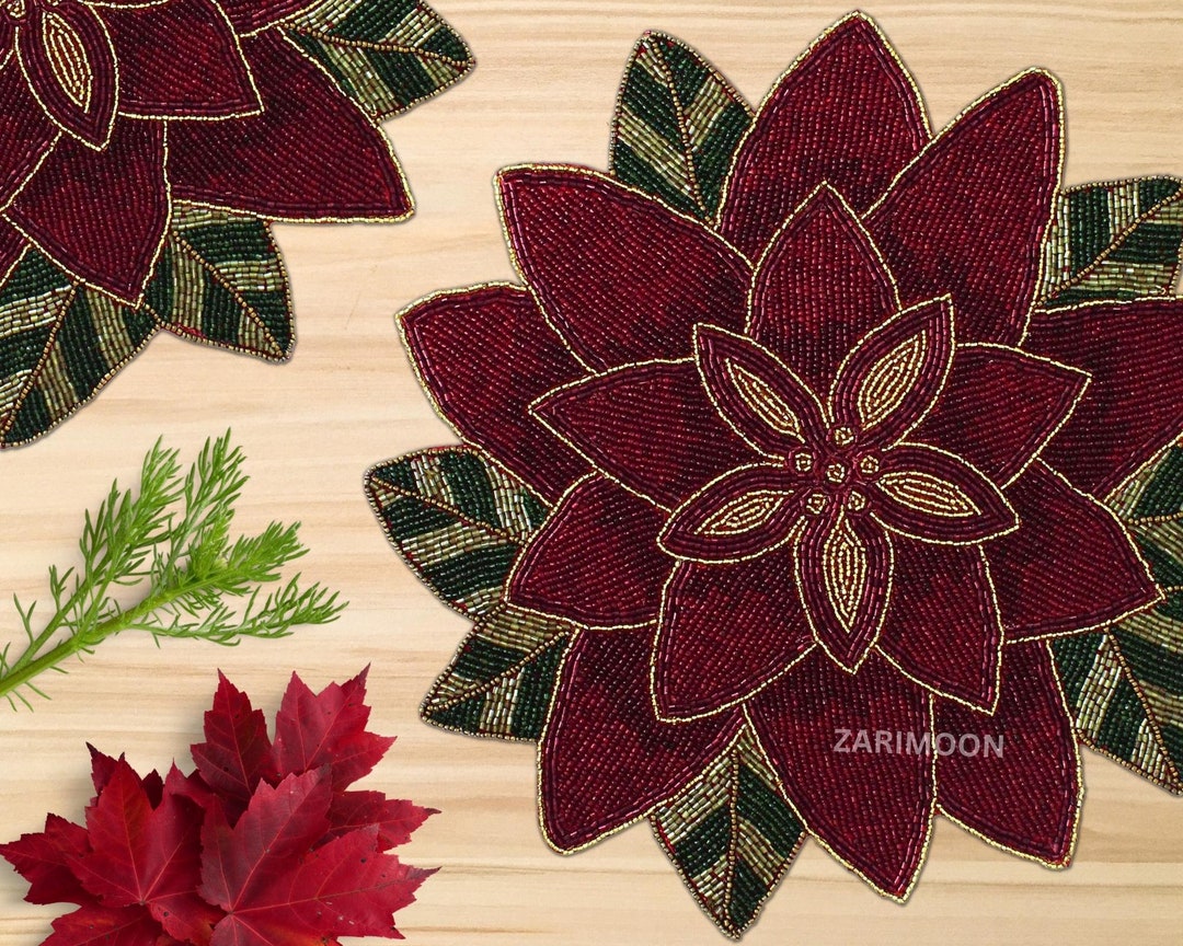 Christmas Bead Placemat Floral Red Handmade Beaded Placemat Etsy
