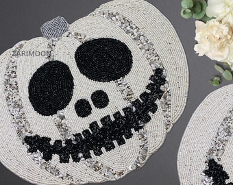 Pumpkin handmade bead placemat, beaded charger, beaded table mat, white and black centrepiece, gift for her, embroidered Gift