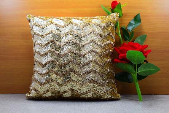 White Golden Throw Pillow Cover Luxury Contemporary Modern Toss Pillow Hand Embroidered Embellished Custom Accent Personalised pillow Gift