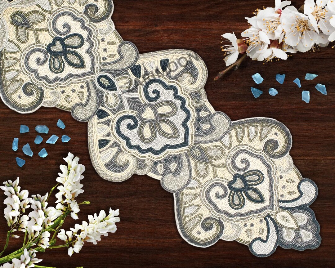 Handmade Beaded Table Runner, Beaded Table Runner, Grey and White Table