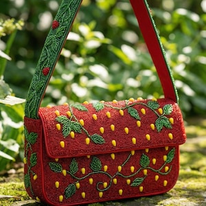 Op de afbeelding: Een rode, met kralen bezette handtas met een klepsluiting, versierd met groene bladeren en gele bessenaccenten. De riem is groen met rode accenten en rode bessen. De tas wordt tegen een achtergrond van groen gebladerte gehouden.