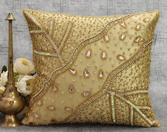 ALL SIZES Gold Beaded Pillow Cover Bling Crystals Handmade Luxury Contemporary Beaded Embroidered Embellished Custom Accent Cushion