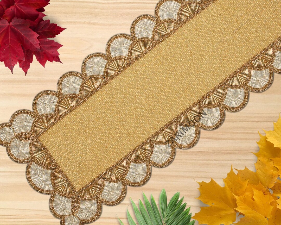 Luxury Handmade Table Runner, Beaded Runner, Gold and White Table Mat