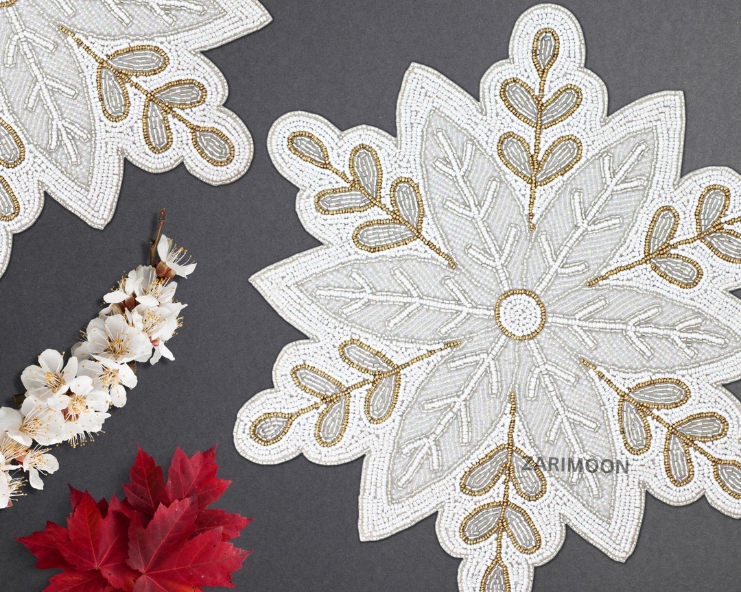 Christmas Bead Placemat, Snow White Handmade Beaded Placemat, Table