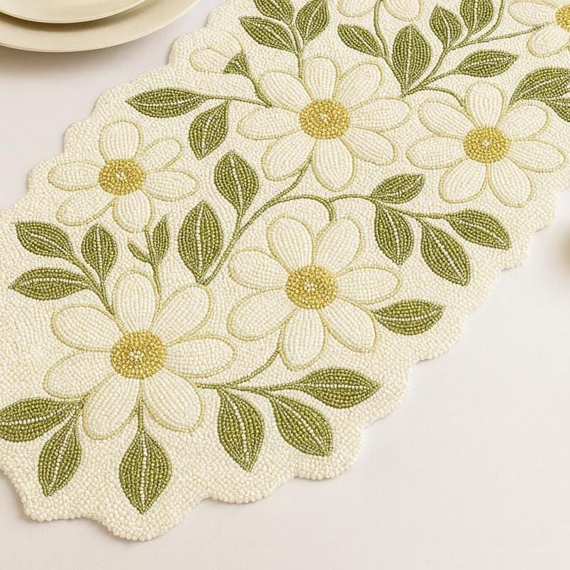 ALL SIZES White Daisy Beaded Table Runner 13x36 | Handmade Floral ...